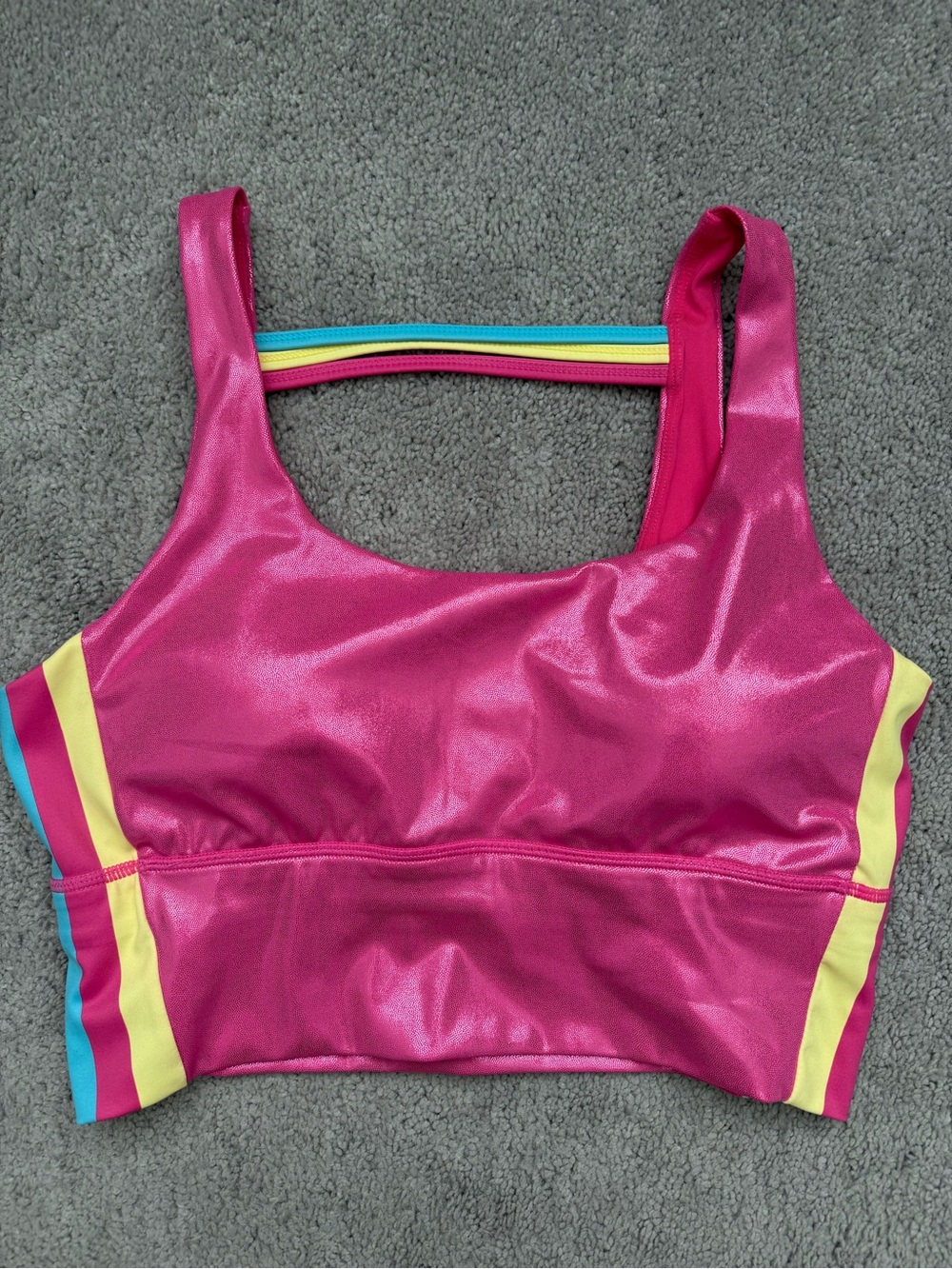 Crowned Athletics Workout Girl Shiny Pink Sports Bra with Rainbow Accent